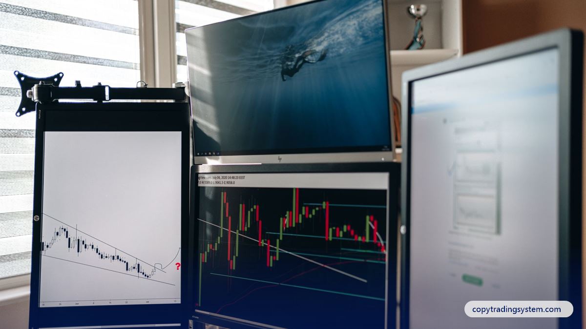 Copy trading explained: trading charts on several monitors on a desk